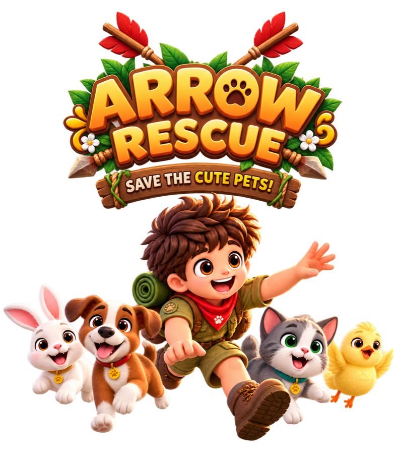 Arrow Rescue adventurer with rescued pets beside 3D arrow puzzle blocks
